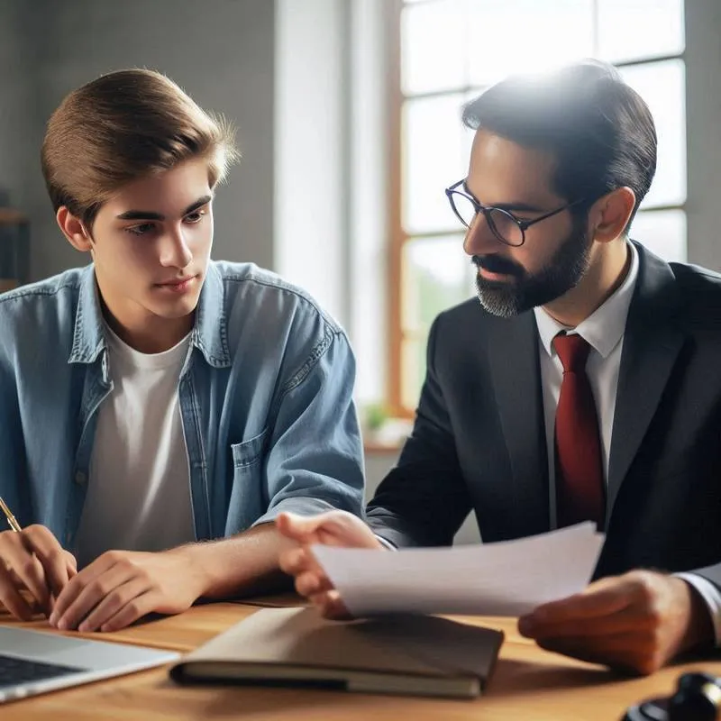 Estudante preocupado, sentado à mesa com um laptop, analisando documentos financeiros. Ao seu lado, um advogado da Márcio Rosa Sociedade de Advogados explica os detalhes do caso UNIESP PAGA. O ambiente é acolhedor e transmite a sensação de segurança e confiança